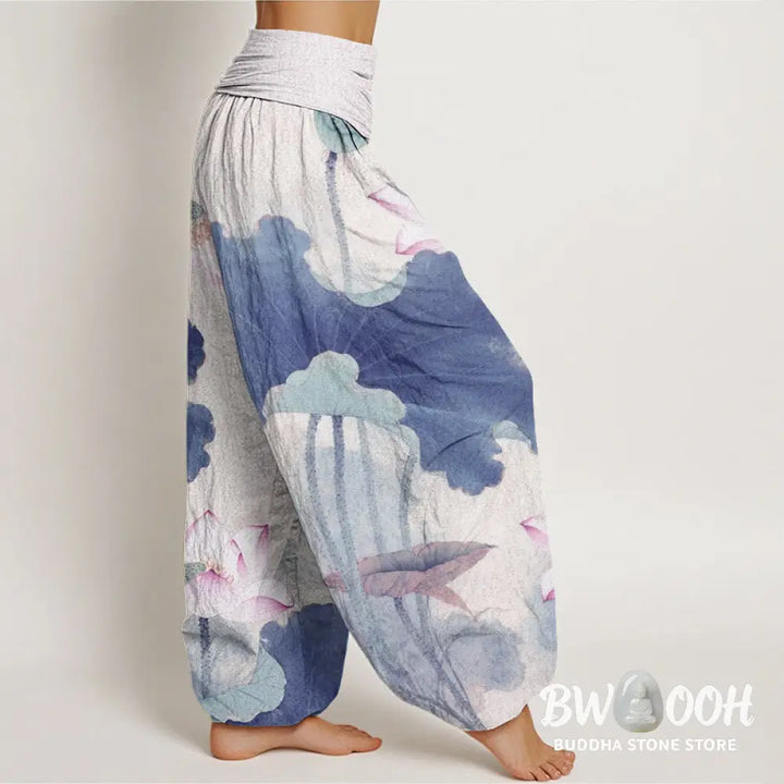 Buddha Stones Cotton Casual Lotus Petal Pods Pattern Women’s Elastic Waist Harem Pants - Women’s Harem Pants