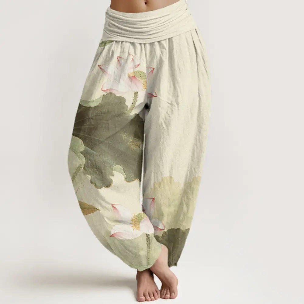 Buddha Stones Cotton Casual Lotus Petal Pods Pattern Women’s Elastic Waist Harem Pants - Beige / US2，UK/AU6，EU34 (XS)