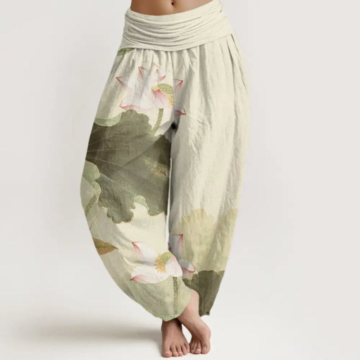 Buddha Stones Cotton Casual Lotus Petal Pods Pattern Women’s Elastic Waist Harem Pants - Beige / US2，UK/AU6，EU34 (XS)