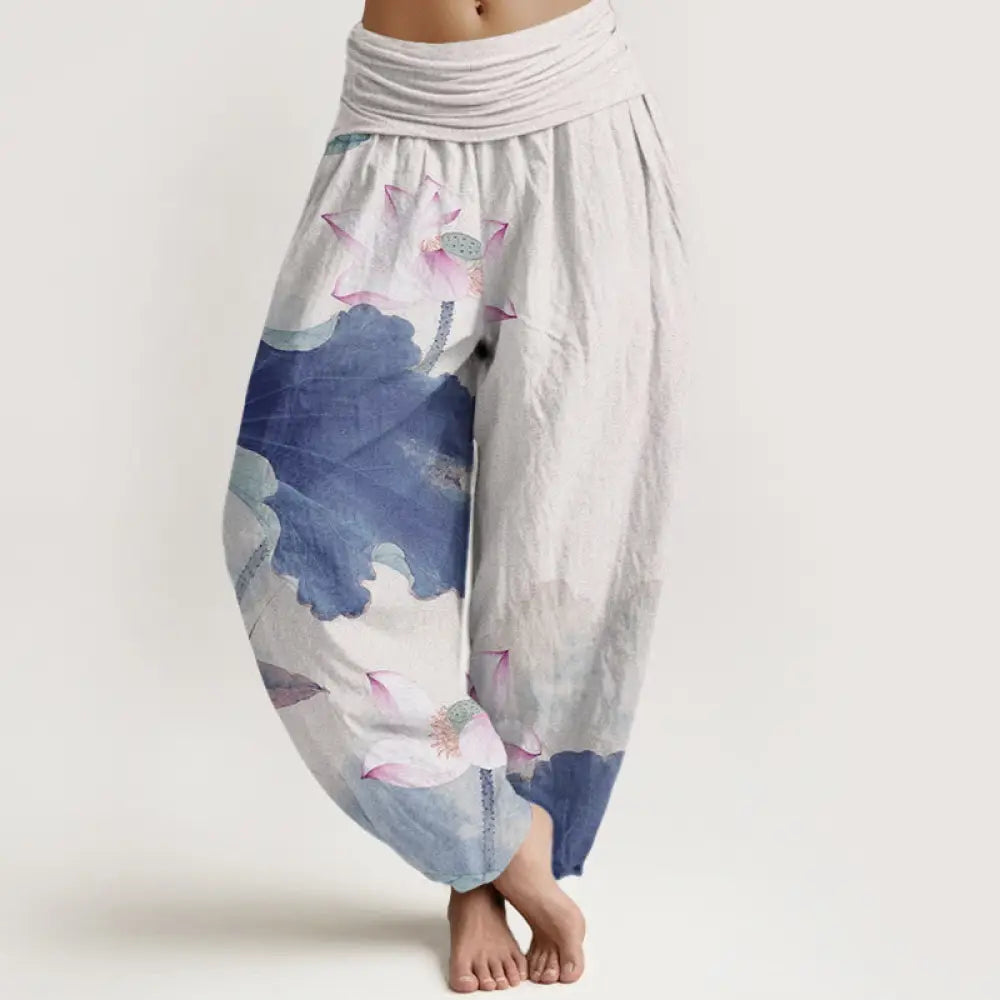 Buddha Stones Cotton Casual Lotus Petal Pods Pattern Women’s Elastic Waist Harem Pants - RoyalBlue / US2，UK/AU6，EU34