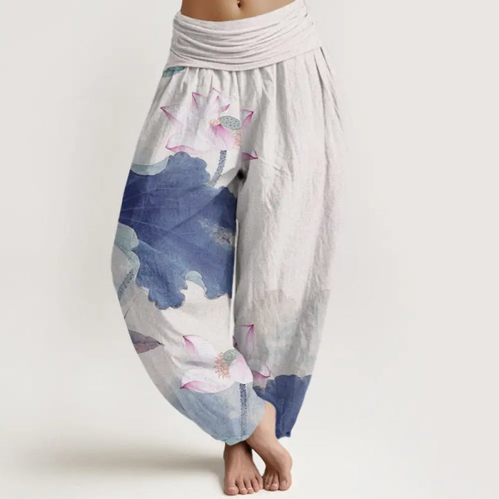Buddha Stones Cotton Casual Lotus Petal Pods Pattern Women’s Elastic Waist Harem Pants - RoyalBlue / US2，UK/AU6，EU34