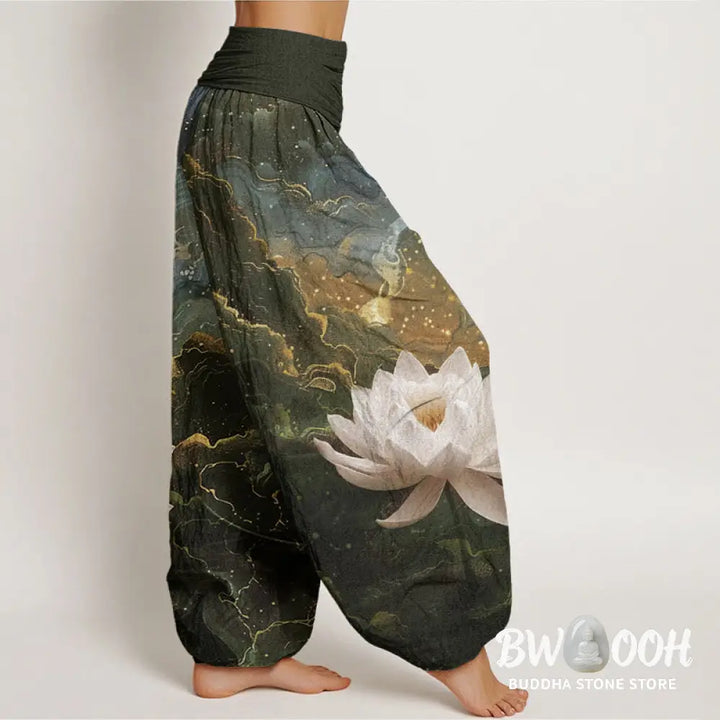 Buddha Stones Cotton Casual Lotus Starry Sky Clouds Pattern Women’s Elastic Waist Harem Pants - Women’s Harem Pants