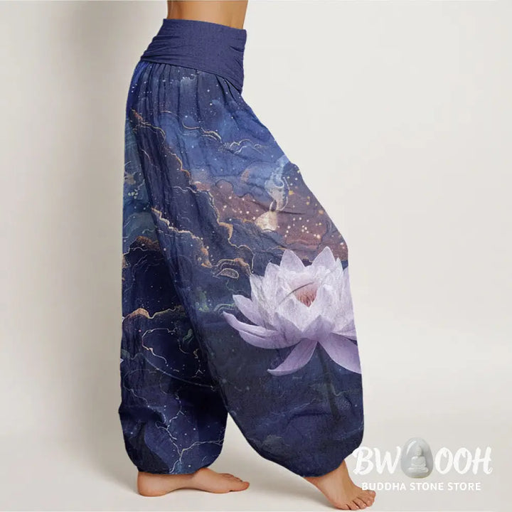 Buddha Stones Cotton Casual Lotus Starry Sky Clouds Pattern Women’s Elastic Waist Harem Pants - Women’s Harem Pants