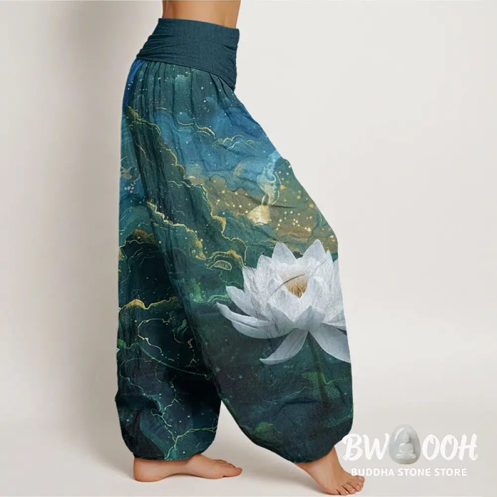 Buddha Stones Cotton Casual Lotus Starry Sky Clouds Pattern Women’s Elastic Waist Harem Pants - Women’s Harem Pants