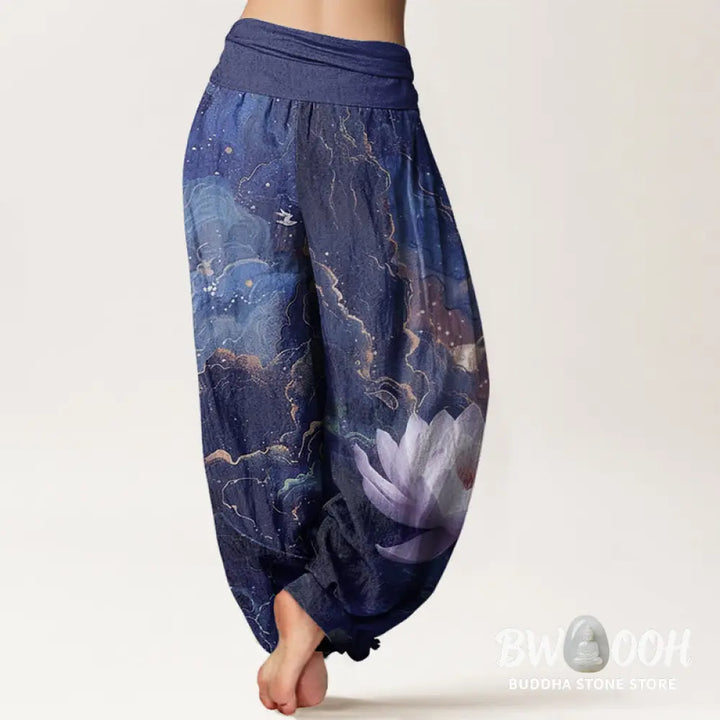 Buddha Stones Cotton Casual Lotus Starry Sky Clouds Pattern Women’s Elastic Waist Harem Pants - Women’s Harem Pants