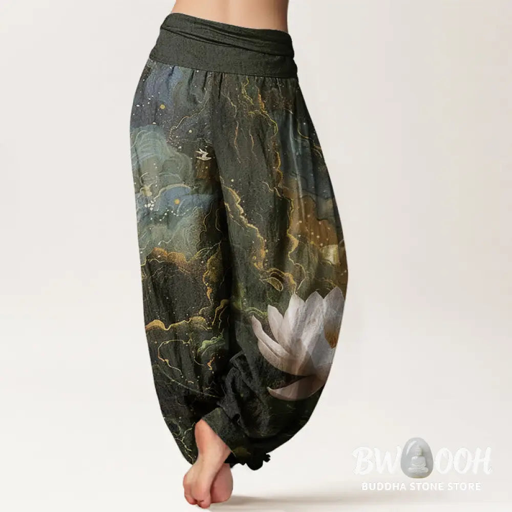 Buddha Stones Cotton Casual Lotus Starry Sky Clouds Pattern Women’s Elastic Waist Harem Pants - Women’s Harem Pants