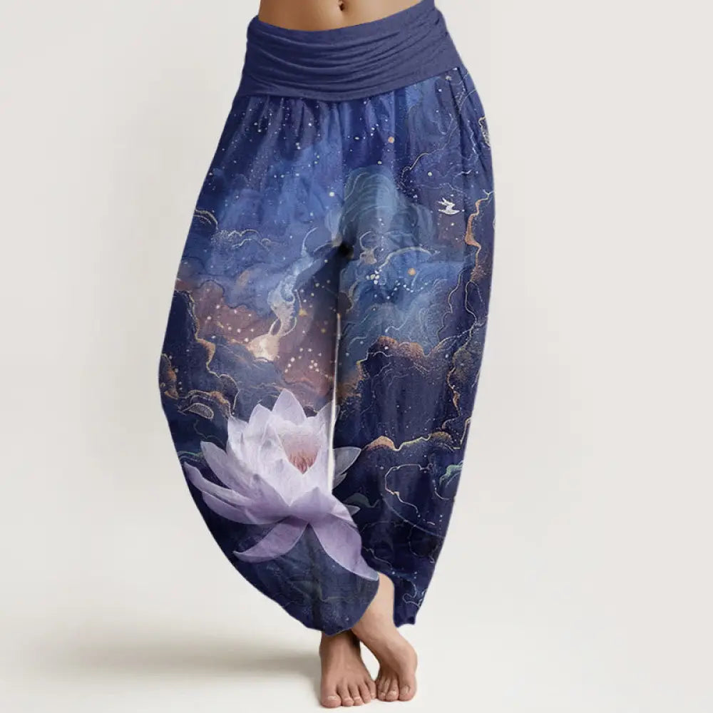 Buddha Stones Cotton Casual Lotus Starry Sky Clouds Pattern Women’s Elastic Waist Harem Pants - Navy / US2，UK/AU6，EU34