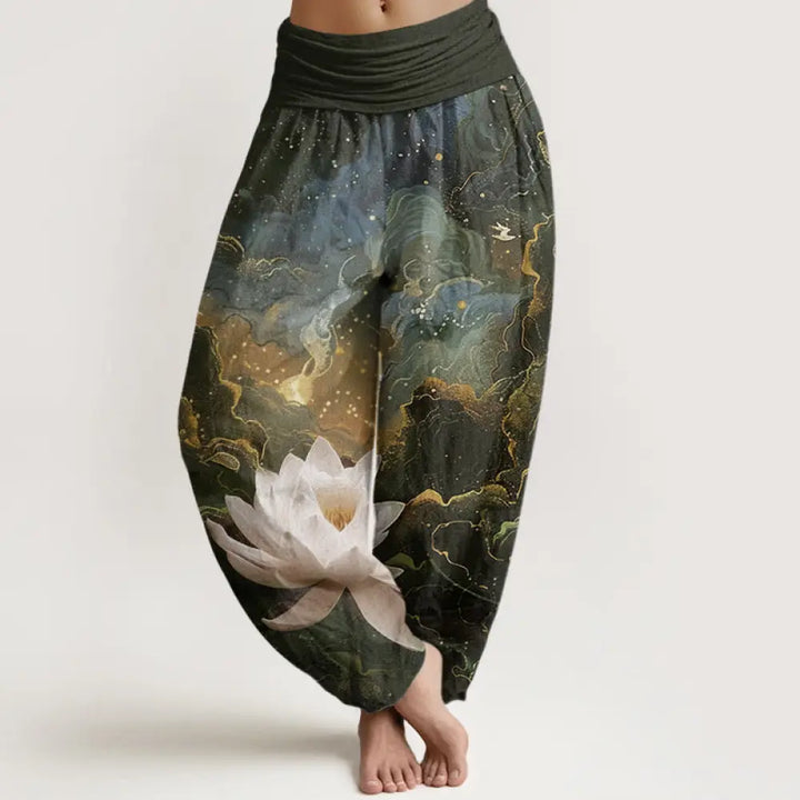 Buddha Stones Cotton Casual Lotus Starry Sky Clouds Pattern Women’s Elastic Waist Harem Pants - SaddleBrown