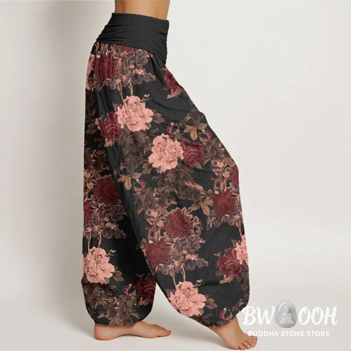 Buddha Stones Cotton Casual Lush Peony Flowers Leaf Pattern Women’s Elastic Waist Harem Pants - Women’s Harem Pants
