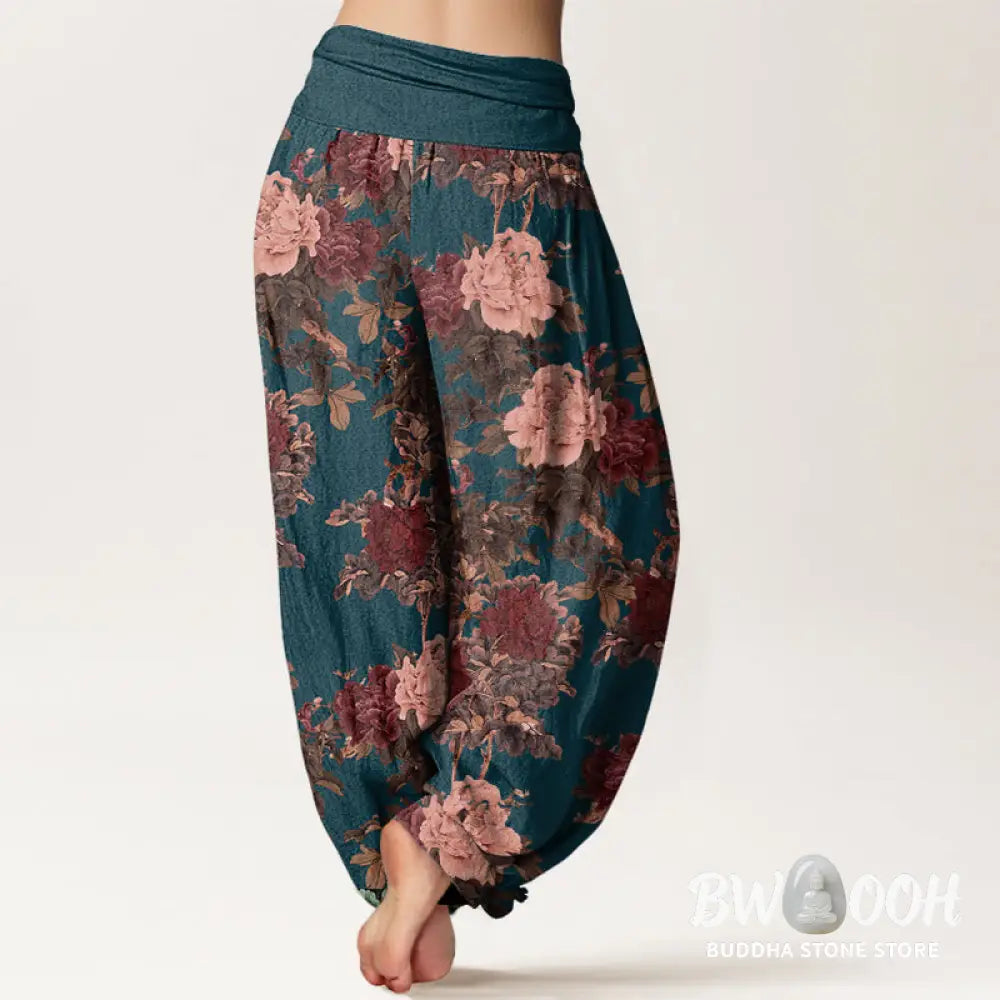 Buddha Stones Cotton Casual Lush Peony Flowers Leaf Pattern Women’s Elastic Waist Harem Pants - Women’s Harem Pants
