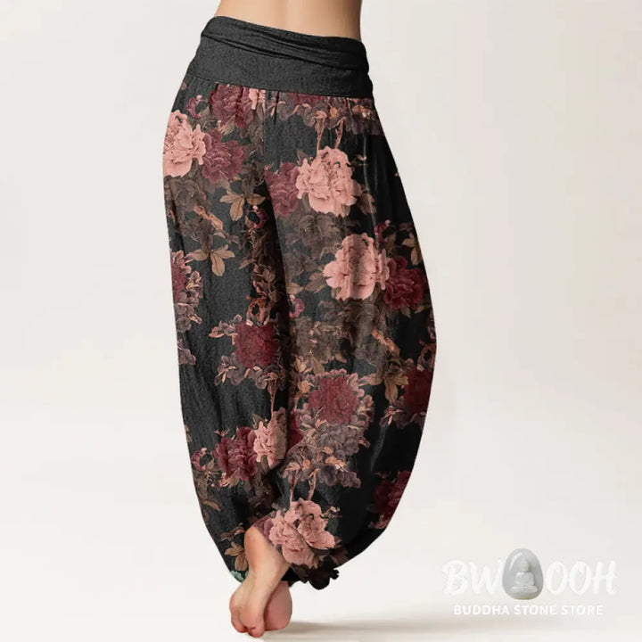 Buddha Stones Cotton Casual Lush Peony Flowers Leaf Pattern Women’s Elastic Waist Harem Pants - Women’s Harem Pants