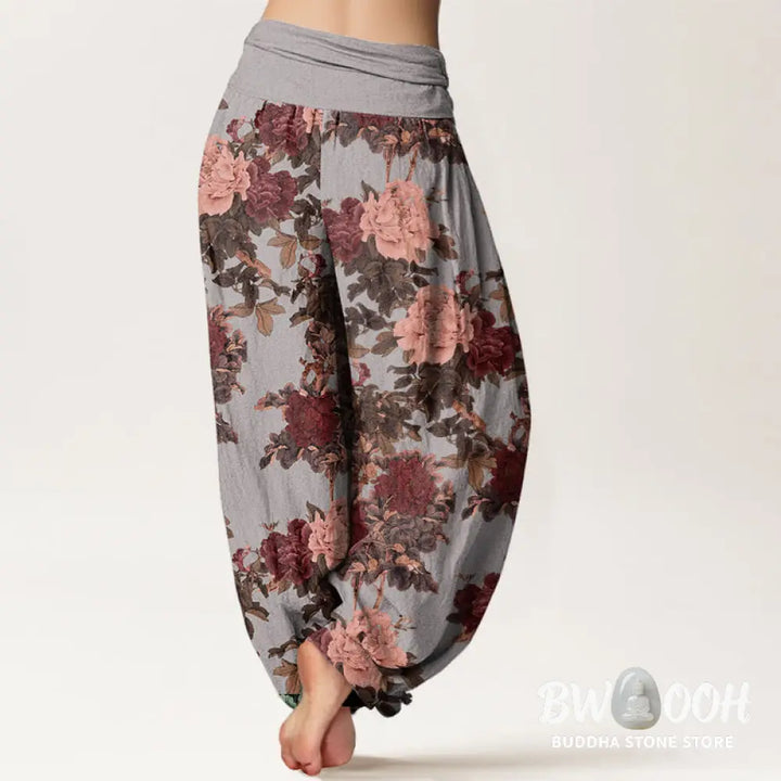 Buddha Stones Cotton Casual Lush Peony Flowers Leaf Pattern Women’s Elastic Waist Harem Pants - Women’s Harem Pants