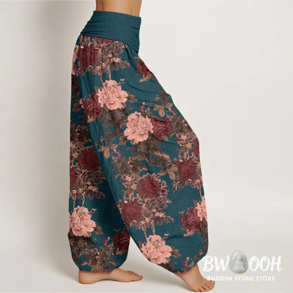 Buddha Stones Cotton Casual Lush Peony Flowers Leaf Pattern Women’s Elastic Waist Harem Pants - Women’s Harem Pants