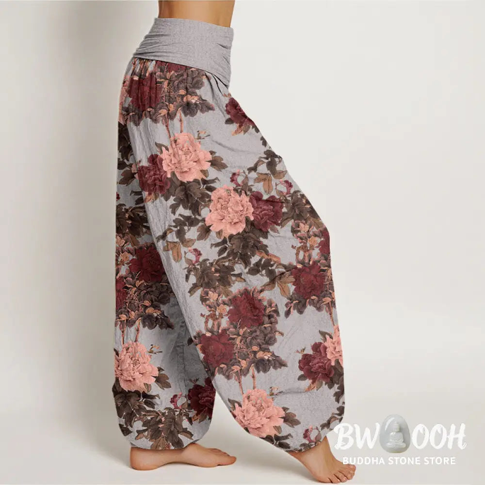 Buddha Stones Cotton Casual Lush Peony Flowers Leaf Pattern Women’s Elastic Waist Harem Pants - Women’s Harem Pants