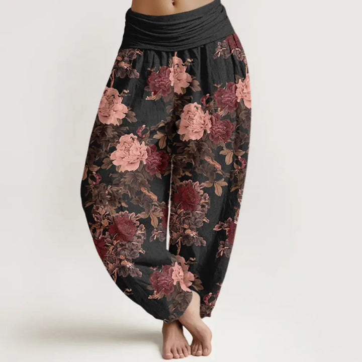 BWOOOH printed harem pants - Cotton Casual Lush Peony Flowers Leaf Pa