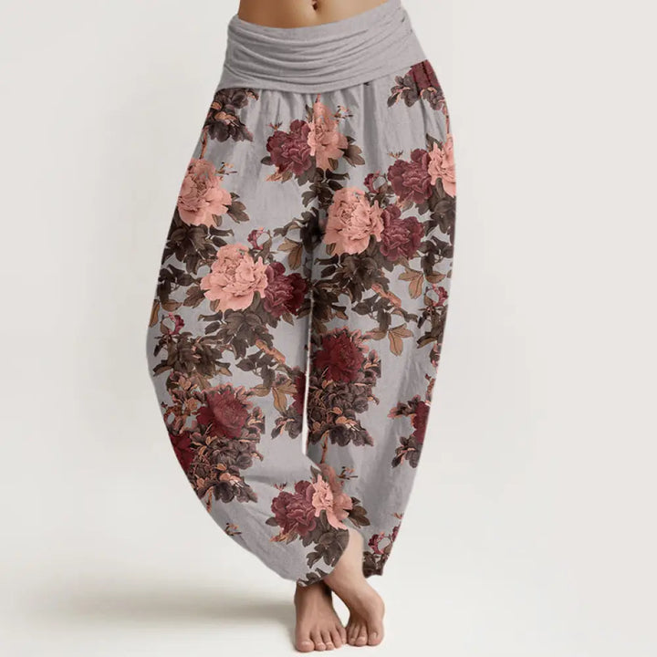 Buddha Stones Cotton Casual Lush Peony Flowers Leaf Pattern Women’s Elastic Waist Harem Pants - LightSteelBlue