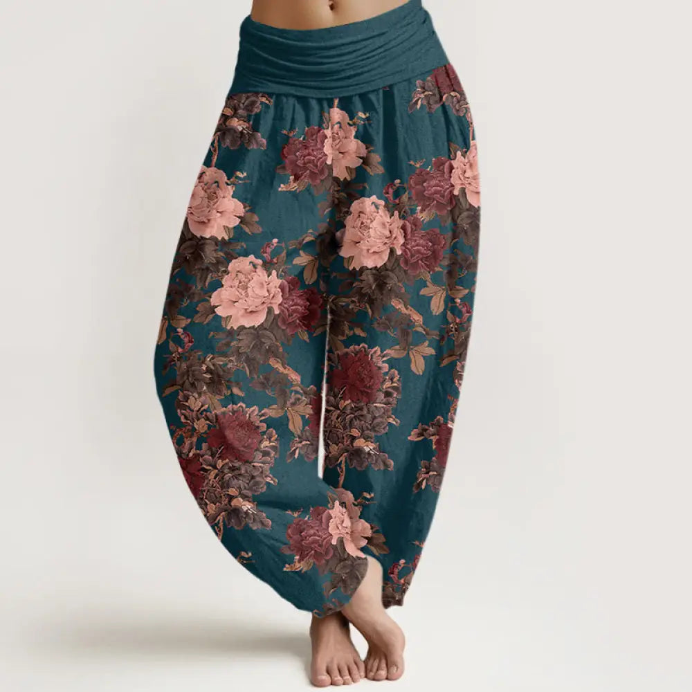 Buddha Stones Cotton Casual Lush Peony Flowers Leaf Pattern Women’s Elastic Waist Harem Pants - SteelBlue
