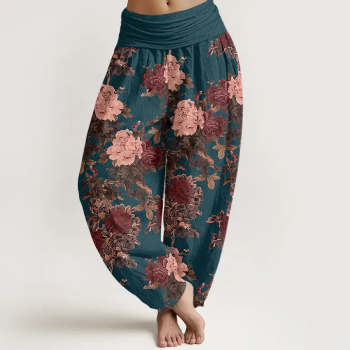 Buddha Stones Cotton Casual Lush Peony Flowers Leaf Pattern Women’s Elastic Waist Harem Pants - SteelBlue