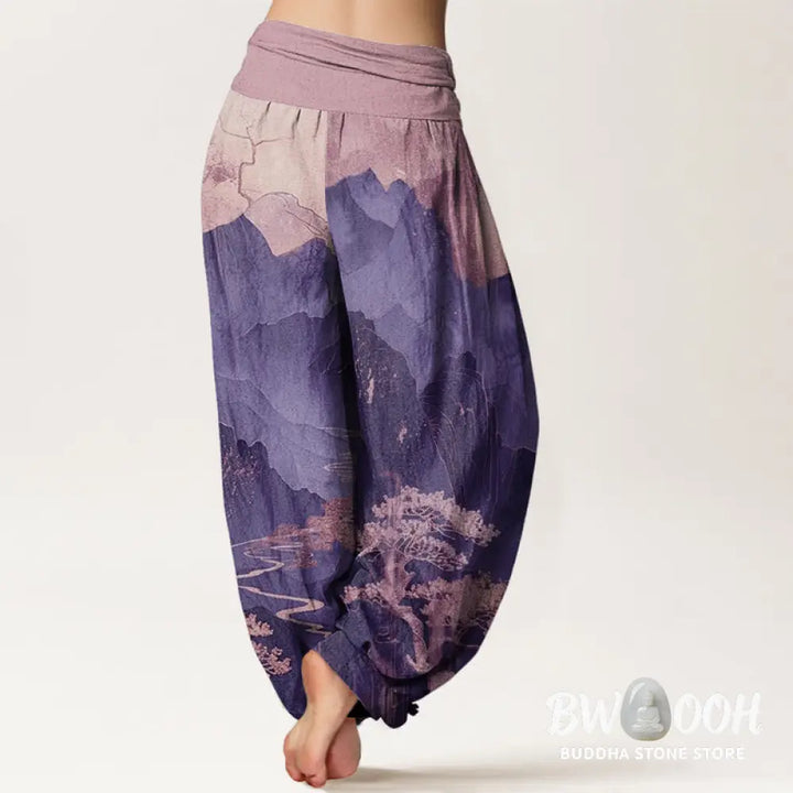 Buddha Stones Cotton Casual Mountains Trees Branches Pattern Women’s Elastic Waist Harem Pants - Women’s Harem Pants