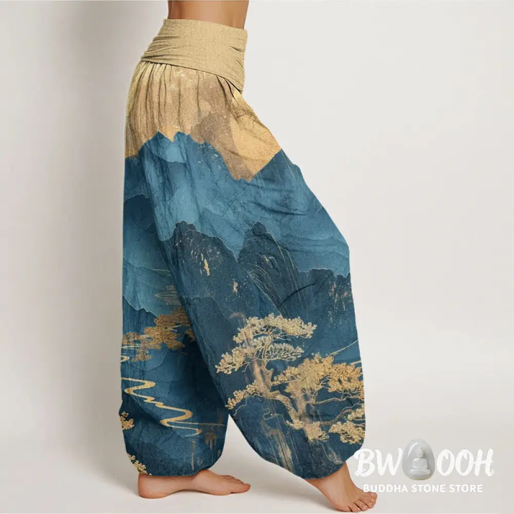Buddha Stones Cotton Casual Mountains Trees Branches Pattern Women’s Elastic Waist Harem Pants - Women’s Harem Pants
