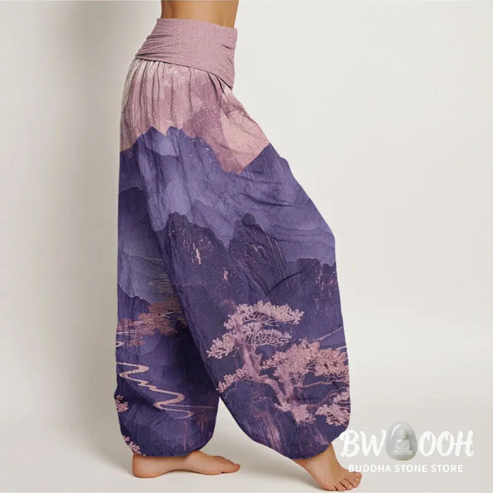 Buddha Stones Cotton Casual Mountains Trees Branches Pattern Women’s Elastic Waist Harem Pants - Women’s Harem Pants