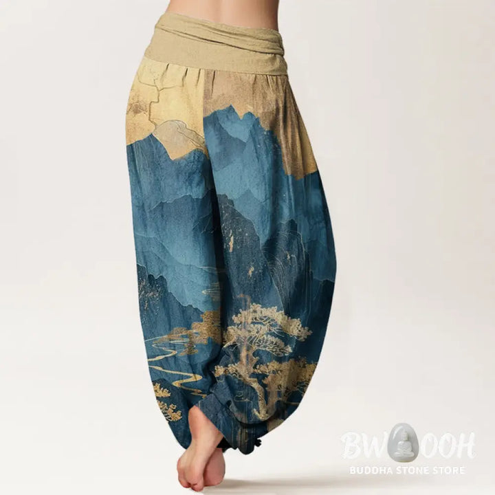 Buddha Stones Cotton Casual Mountains Trees Branches Pattern Women’s Elastic Waist Harem Pants - Women’s Harem Pants