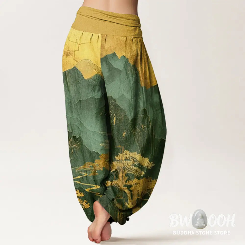 Buddha Stones Cotton Casual Mountains Trees Branches Pattern Women’s Elastic Waist Harem Pants - Women’s Harem Pants
