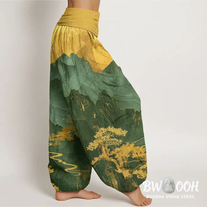 Buddha Stones Cotton Casual Mountains Trees Branches Pattern Women’s Elastic Waist Harem Pants - Women’s Harem Pants