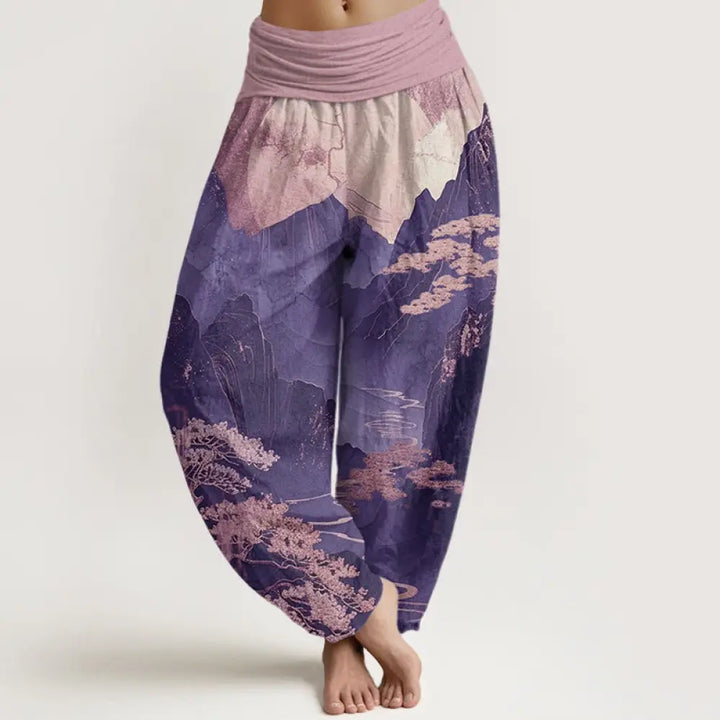 Buddha Stones Cotton Casual Mountains Trees Branches Pattern Women’s Elastic Waist Harem Pants - DarkOrchid