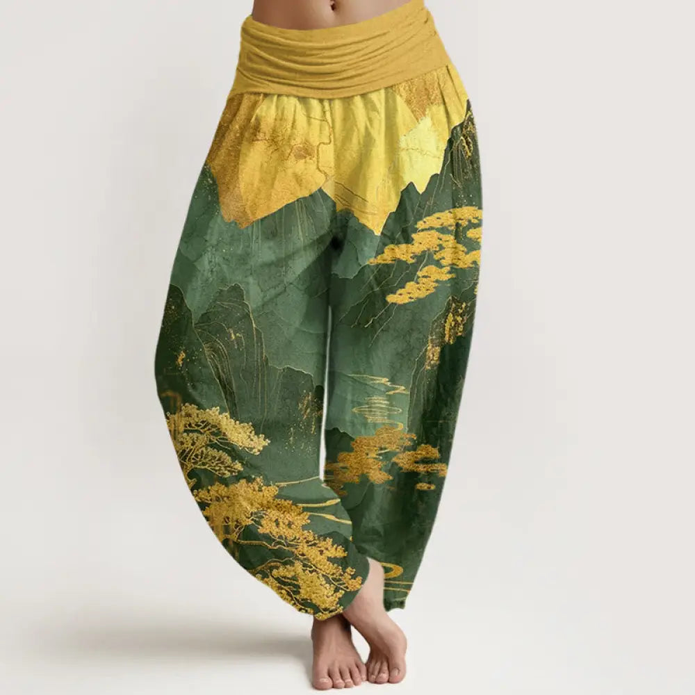 Buddha Stones Cotton Casual Mountains Trees Branches Pattern Women’s Elastic Waist Harem Pants - Green