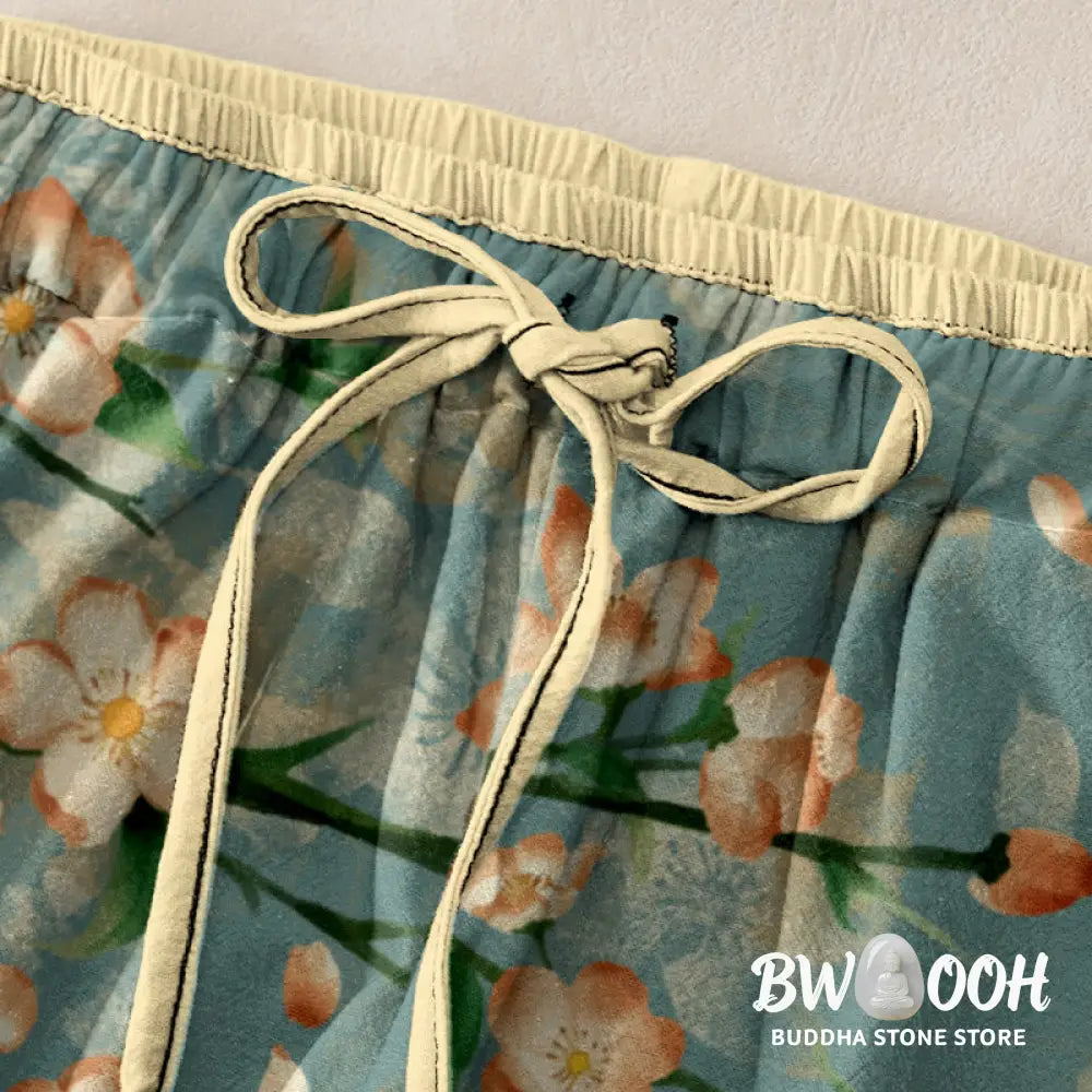Buddha Stones Cotton Casual Peach Blossoms Flying Geese Pattern Women’s Elastic Waist Pants With Pockets - Women’s Pants