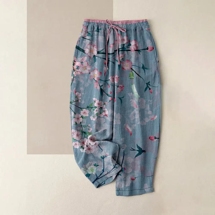 Buddha Stones Cotton Casual Peach Blossoms Flying Geese Pattern Women’s Elastic Waist Pants With Pockets