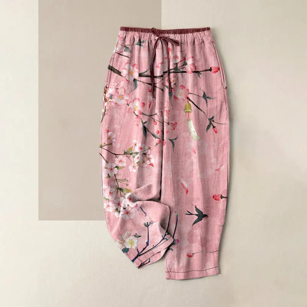Buddha Stones Cotton Casual Peach Blossoms Flying Geese Pattern Women’s Elastic Waist Pants With Pockets - Pink