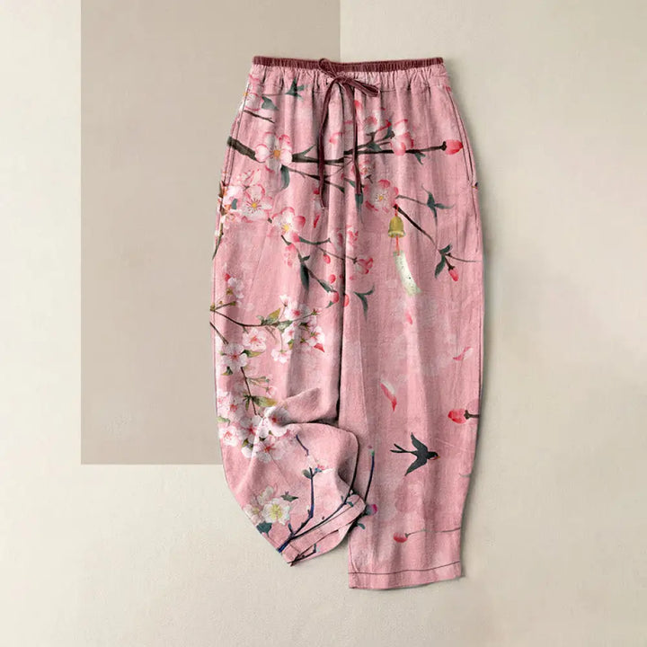 Buddha Stones Cotton Casual Peach Blossoms Flying Geese Pattern Women’s Elastic Waist Pants With Pockets - Pink