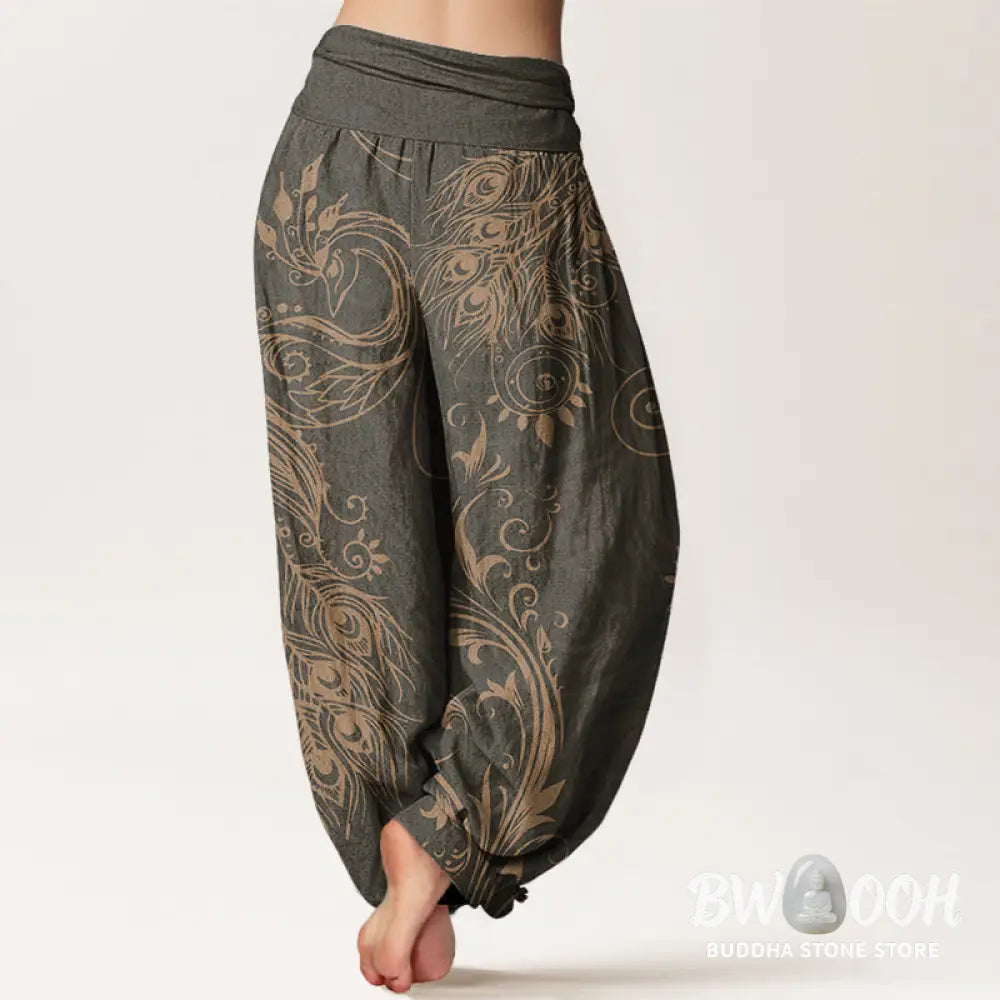 Buddha Stones Cotton Casual Peacock Design Women’s Elastic Waist Harem Pants - Women’s Harem Pants