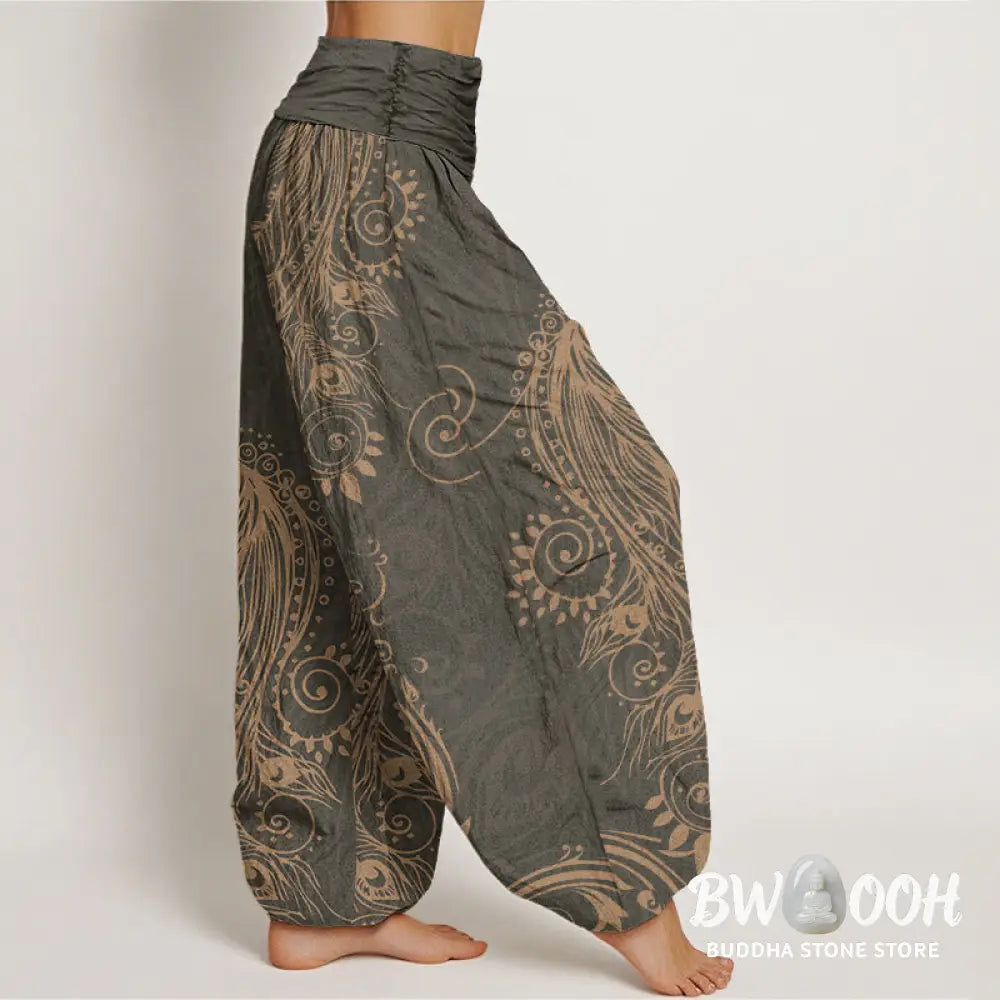 Buddha Stones Cotton Casual Peacock Design Women’s Elastic Waist Harem Pants - Women’s Harem Pants