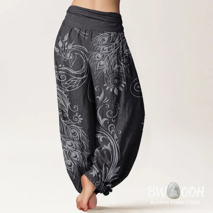 Buddha Stones Cotton Casual Peacock Design Women’s Elastic Waist Harem Pants - Women’s Harem Pants