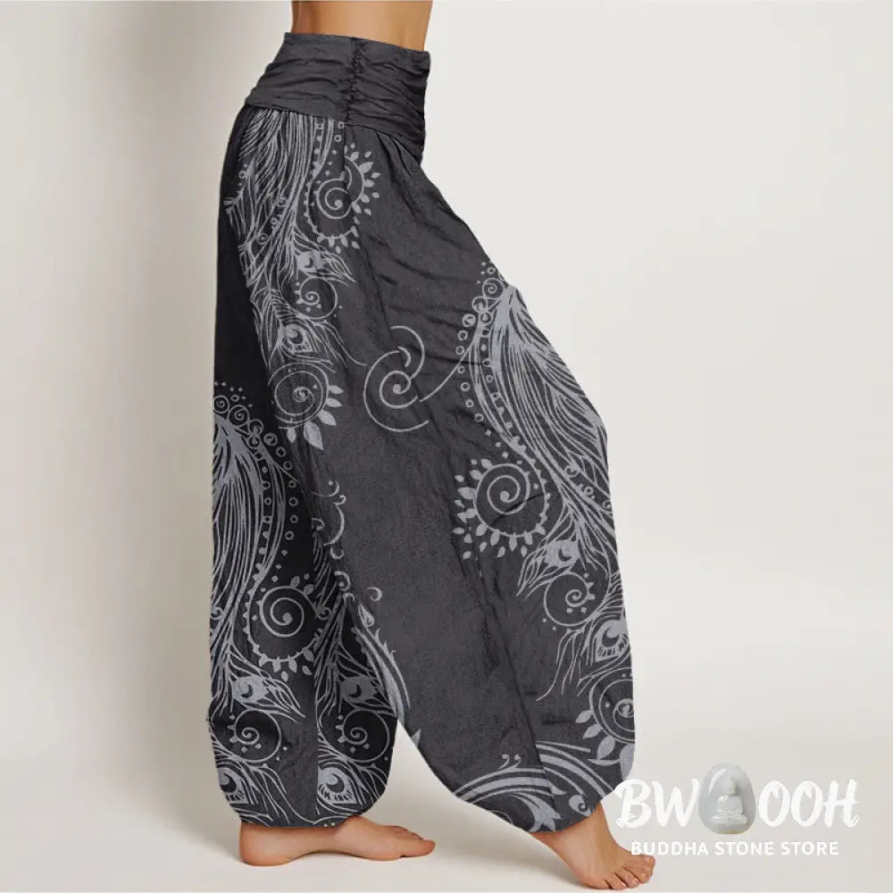 Buddha Stones Cotton Casual Peacock Design Women’s Elastic Waist Harem Pants - Women’s Harem Pants