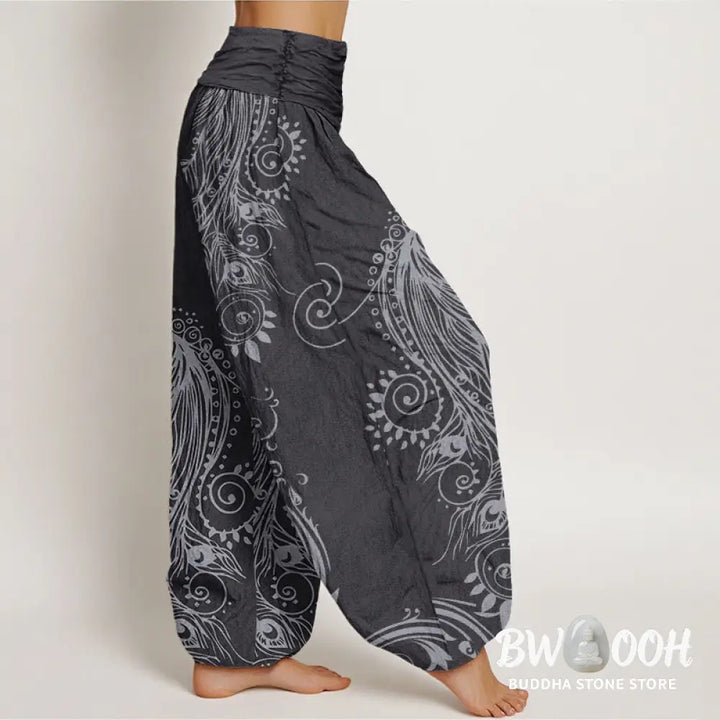 Buddha Stones Cotton Casual Peacock Design Women’s Elastic Waist Harem Pants - Women’s Harem Pants