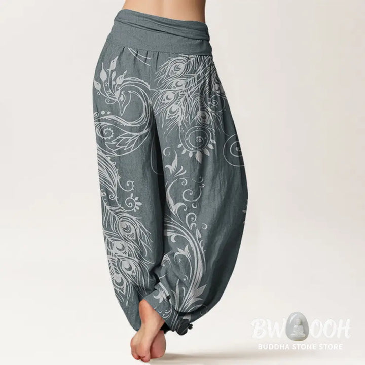 Buddha Stones Cotton Casual Peacock Design Women’s Elastic Waist Harem Pants - Women’s Harem Pants