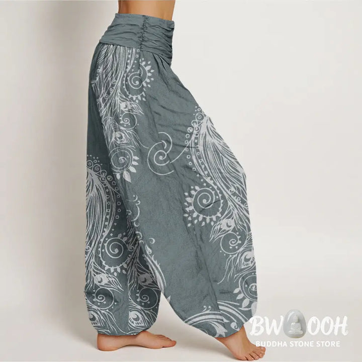 Buddha Stones Cotton Casual Peacock Design Women’s Elastic Waist Harem Pants - Women’s Harem Pants