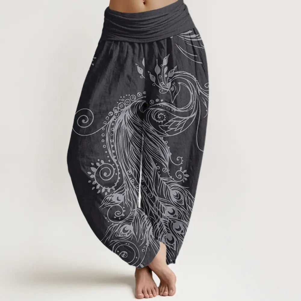Buddha Stones Cotton Casual Peacock Design Women’s Elastic Waist Harem Pants - Black / US2，UK/AU6，EU34 (XS) - Women’s