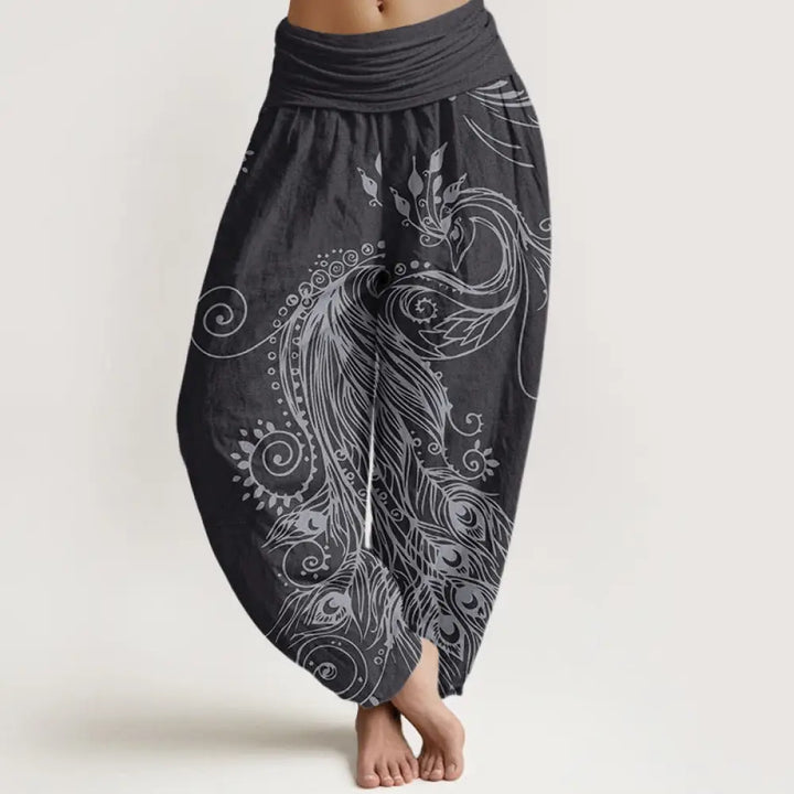Buddha Stones Cotton Casual Peacock Design Women’s Elastic Waist Harem Pants - Black / US2，UK/AU6，EU34 (XS) - Women’s