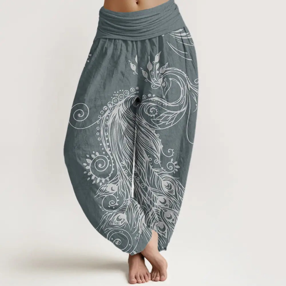 Buddha Stones Cotton Casual Peacock Design Women’s Elastic Waist Harem Pants - SlateGray / US2，UK/AU6，EU34 (XS)