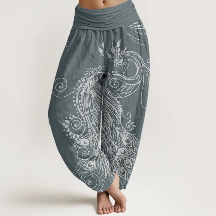 Buddha Stones Cotton Casual Peacock Design Women’s Elastic Waist Harem Pants - SlateGray / US2，UK/AU6，EU34 (XS)