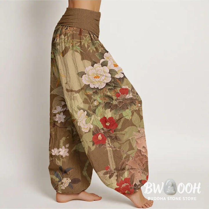 Buddha Stones Cotton Casual Peony Flowers Leaves Magpie Women’s Elastic Waist Harem Pants - Women’s Harem Pants