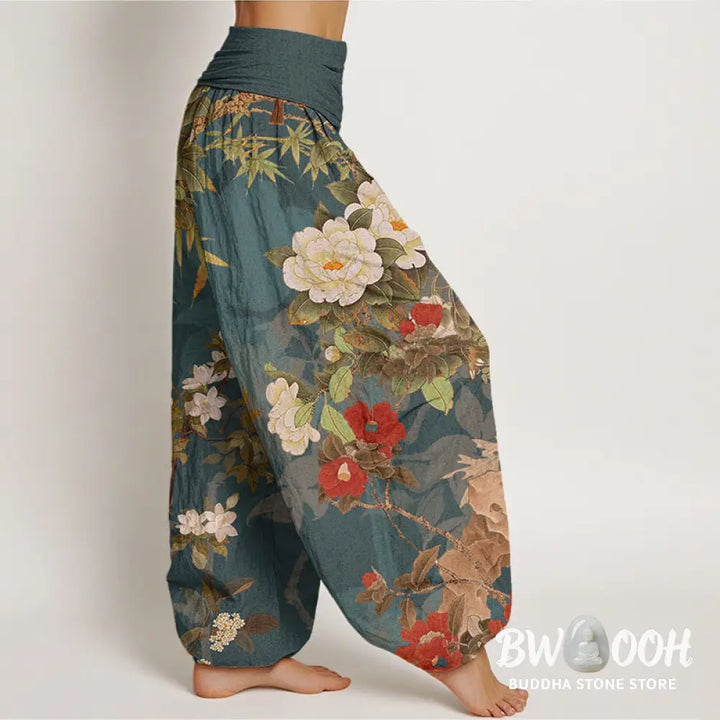Buddha Stones Cotton Casual Peony Flowers Leaves Magpie Women’s Elastic Waist Harem Pants - Women’s Harem Pants