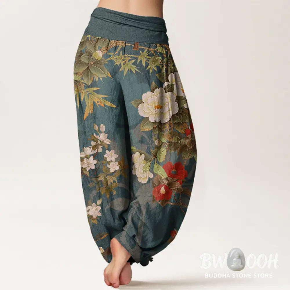 Buddha Stones Cotton Casual Peony Flowers Leaves Magpie Women’s Elastic Waist Harem Pants - Women’s Harem Pants