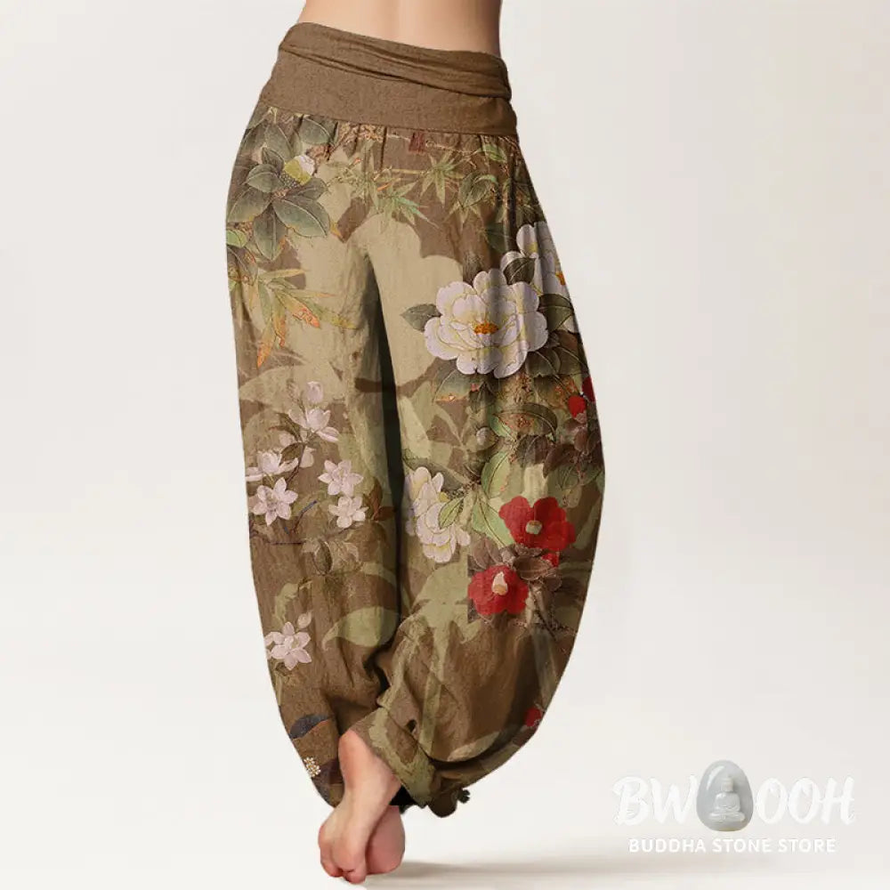 Buddha Stones Cotton Casual Peony Flowers Leaves Magpie Women’s Elastic Waist Harem Pants - Women’s Harem Pants