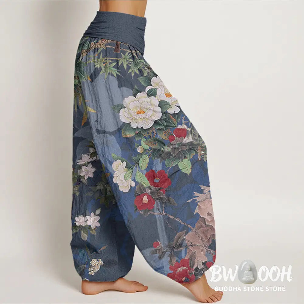 Buddha Stones Cotton Casual Peony Flowers Leaves Magpie Women’s Elastic Waist Harem Pants - Women’s Harem Pants